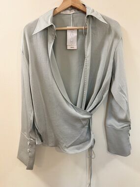 NWT MANGO Wrap Blouse Light Gray Tie Waist Satin Look - Size S